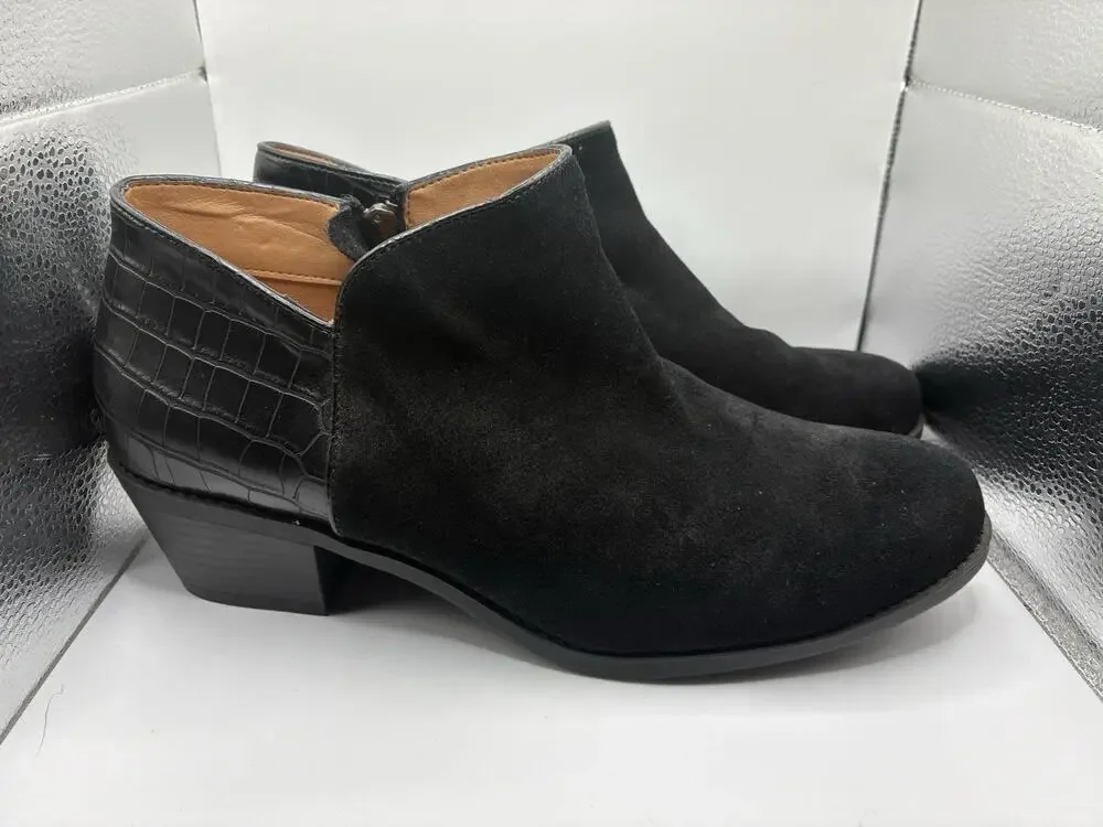Vionic 10 Wide Marissa Black Suede Ankle Boots Croc Embossed Arch Support Boho